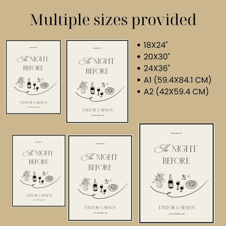 customizable hand drawn old money the night before_wedding_welcome_sign_digital template comes in multiple sizes