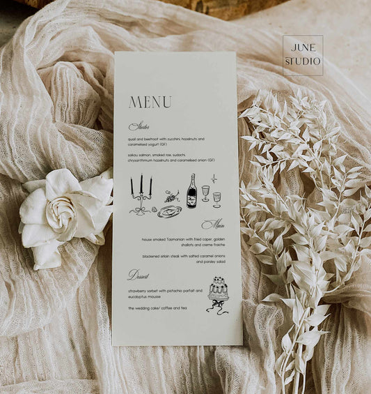 Vintage Inspired Old Money Wedding Menu Editable Template, Trendy Printable Wedding Menu Illustrated