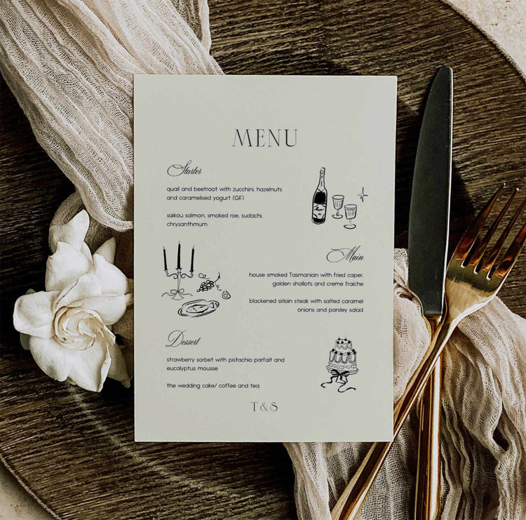 old money vintage inspired wedding menu card digital template with funky sketches