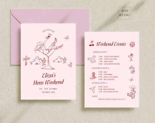 last rodeo hen bachelorette party invitation with weekend itinerary template pink red, editable template, customizable