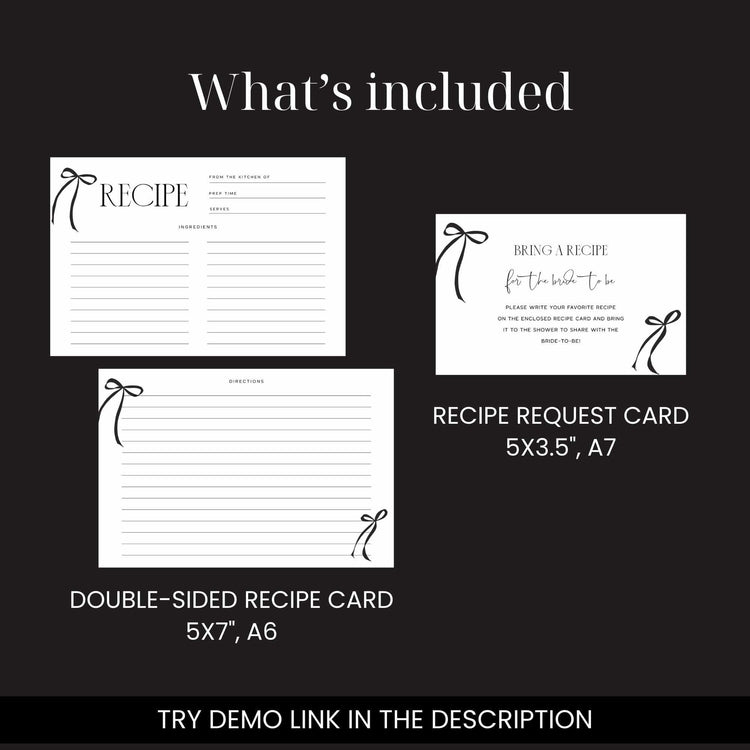 Elegant Black Bow Recipe Card and Request Card Set Template