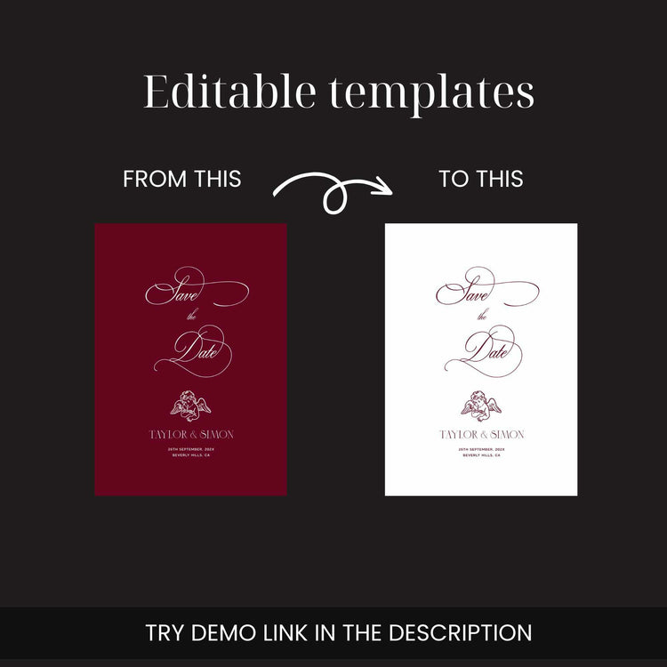 old_money_cupids dark_cherry_red_save_date_invite_template_junestudio_designs