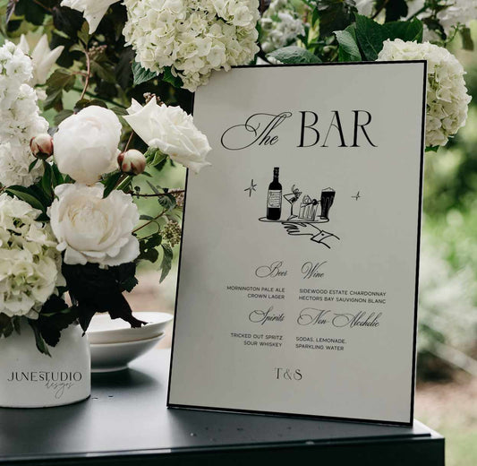 wedding bar menu illustrated sign template, digital template, old money aesthetic wedding, hand drawn bar drinks, signature drink wedding bar menu, modern luxe open bar sign