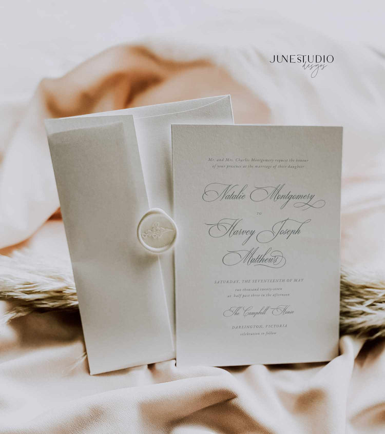 Vintage Green Elegant Script Wedding Invitation Suite Template
