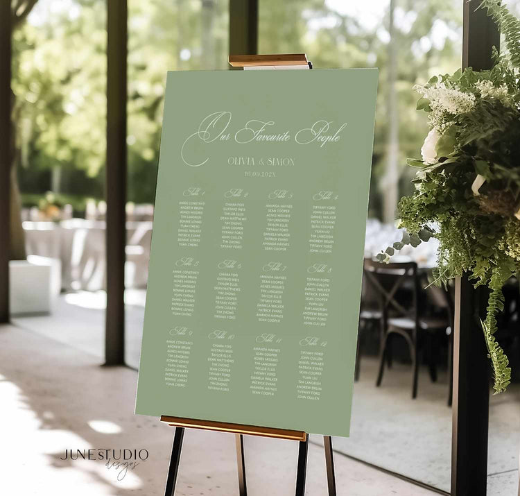 sage green seating chart portrait vertical signage template editable product from the left angle