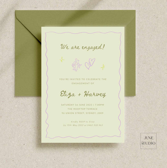 A digital sage green engagement invitation template with hand-drawn illustrations, including hearts and a 'We are engaged!' announcement