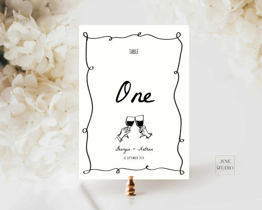 Hand drawn squiggly wedding Table Number digital template