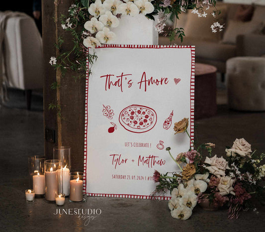 hand drawn that's amore pizza engagement welcome sign digital template