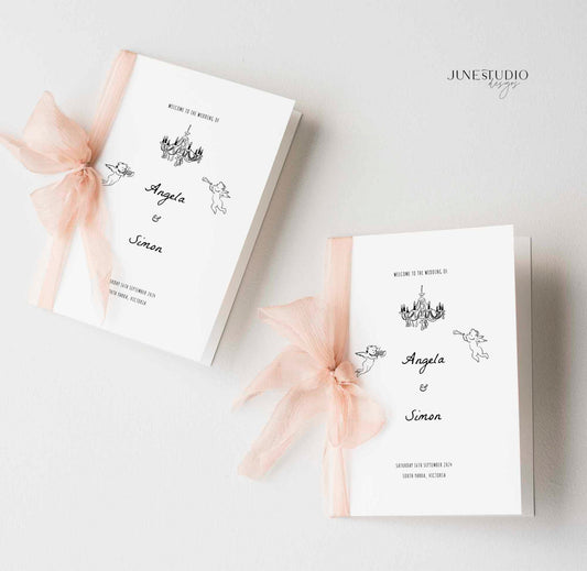 folded hand-drawn wedding program templates featuring whimsical illustrations and hand written typography