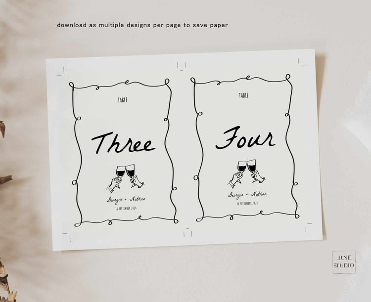 customizable Hand drawn squiggly wedding Table Number digital template