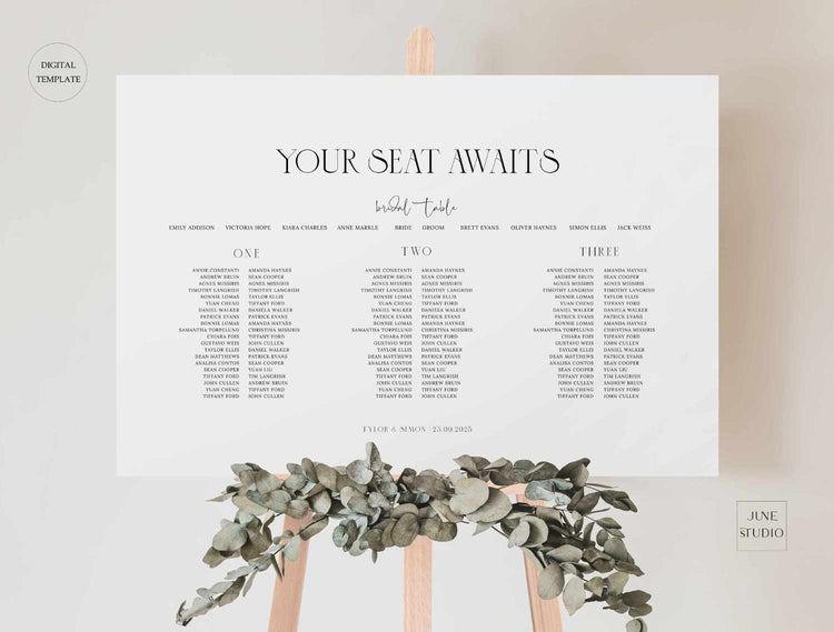 modern chic wedding seating chart sign with 3 long tables signage digital template