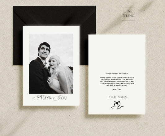 modern vintage wedding photo thank you card digital template, bow illustrated wedding thank you card, old money wedding aethetic, modern luxe wedding templates