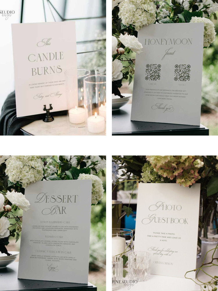 Set of wedding reception signs with QR codes on a floral decorated table include in loving memory sign honey moon fund sign dessert bar sign and photo guest book sign templates