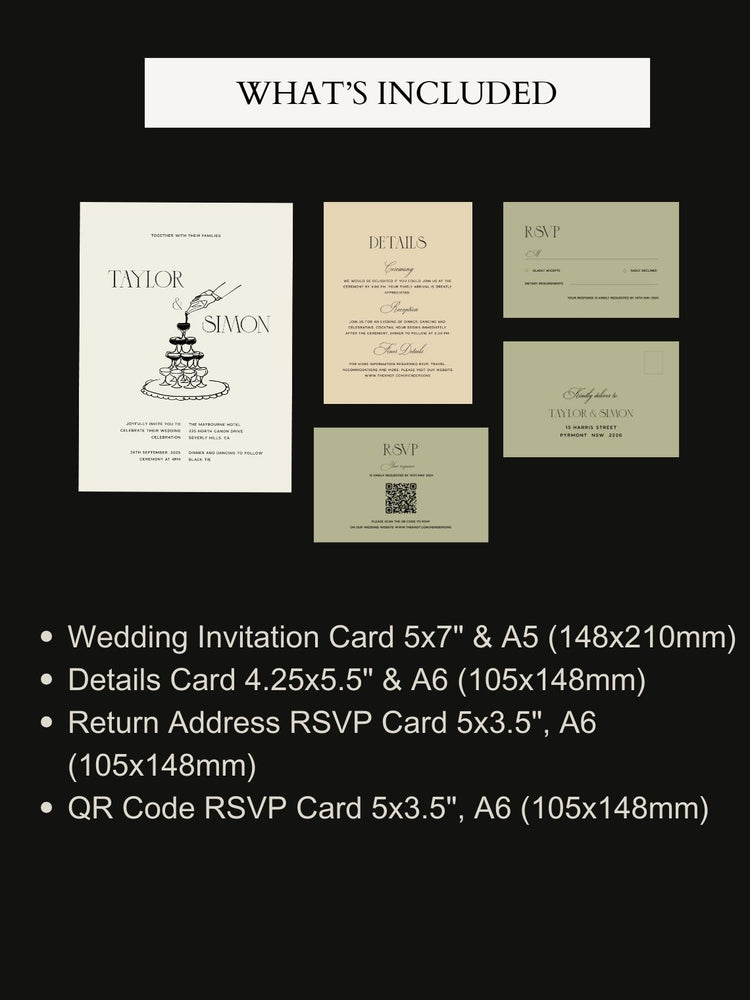 Hand drawn Champagne Tower Wedding Invitation Set Template