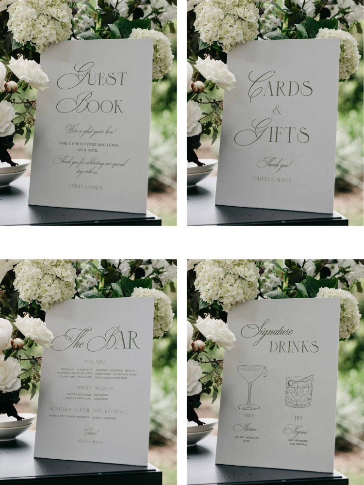 modern sage green wedding guest book sign cards and gifts sign bar menu sign and signature cocktails sign templates