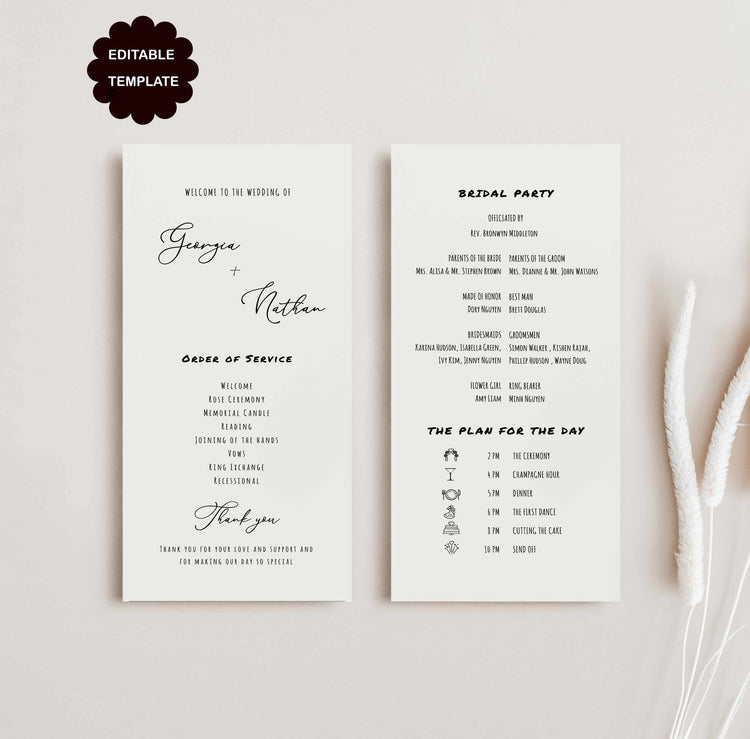 hand drawn wedding program, double side long program, ceremony program, french vintage inspired wedding