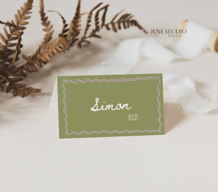 customizable whimsical Hand drawn Sage Green tent and flat Place Card Set Template