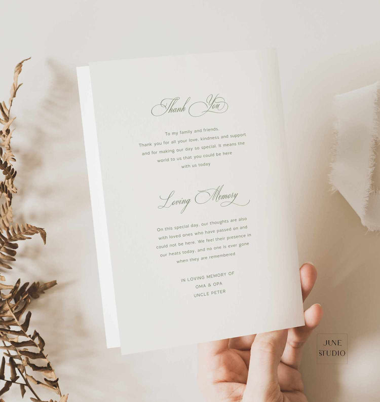 back side of the wedding program booklet with thank you note and loving memory details