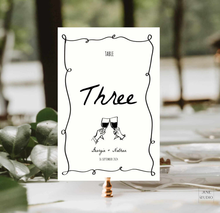 customizable handwritten squiggly wedding Table Number digital template