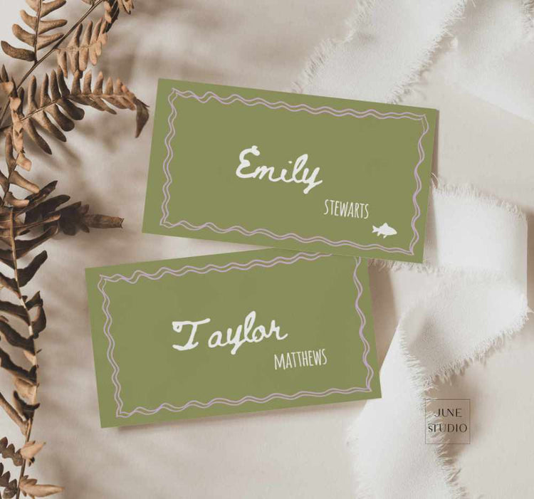 customizable whimsical Hand drawn Sage Green flat Place Card Set Template
