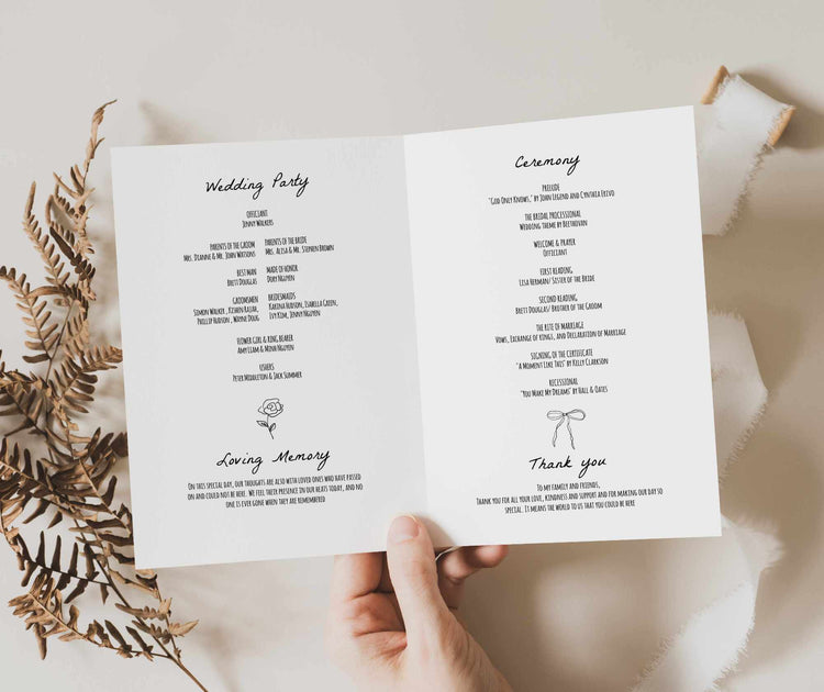 folded hand-drawn wedding program templates featuring whimsical illustrations and hand written typography