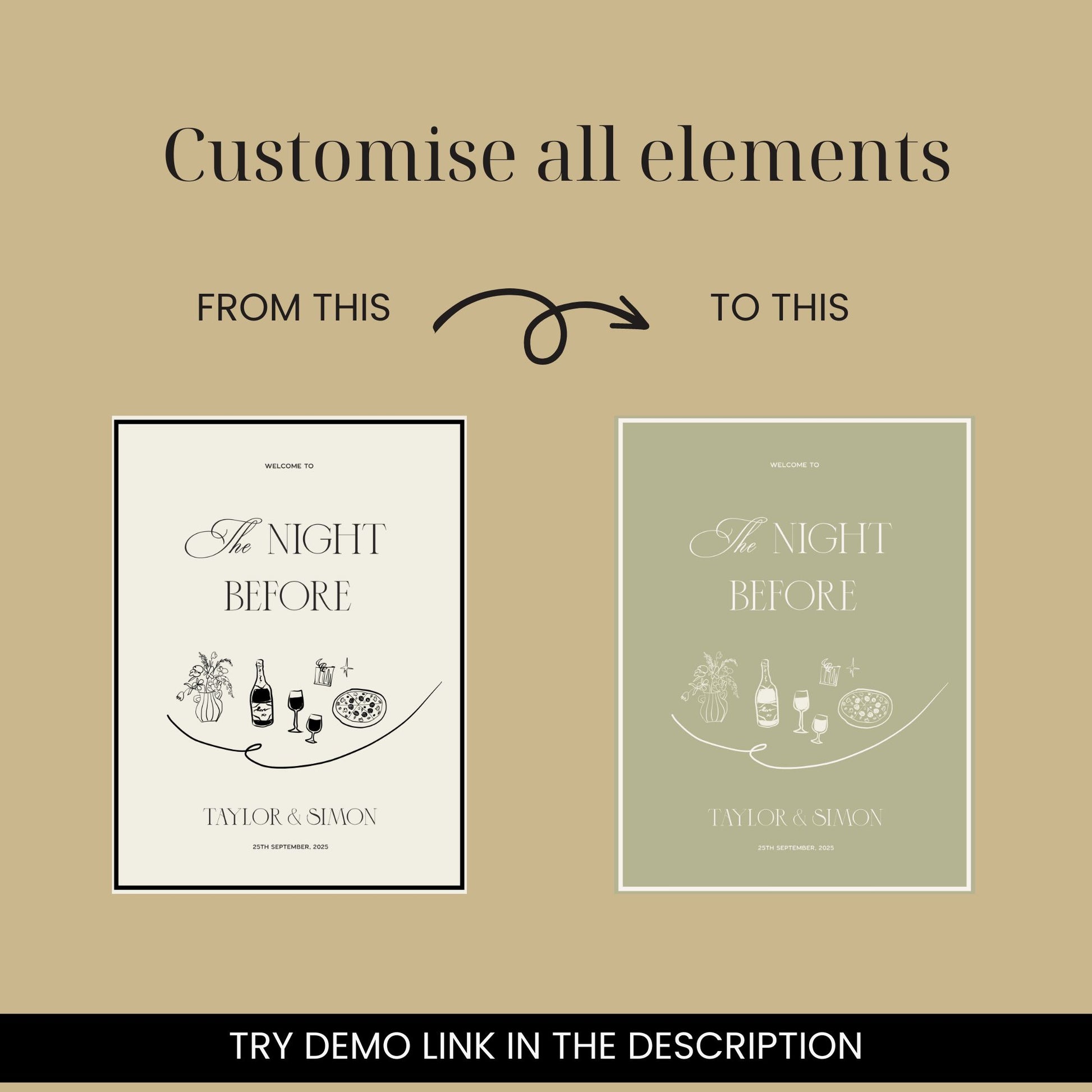 customizable hand drawn old money the night before_wedding_welcome_sign_digital template