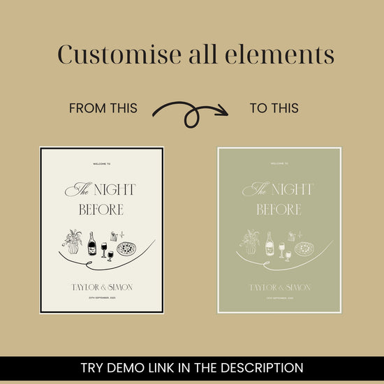 customizable hand drawn old money the night before_wedding_welcome_sign_digital template