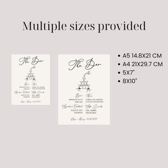 unique creative Hand drawn Champagne Tower customizable Wedding Bar Menu Sign digital Template