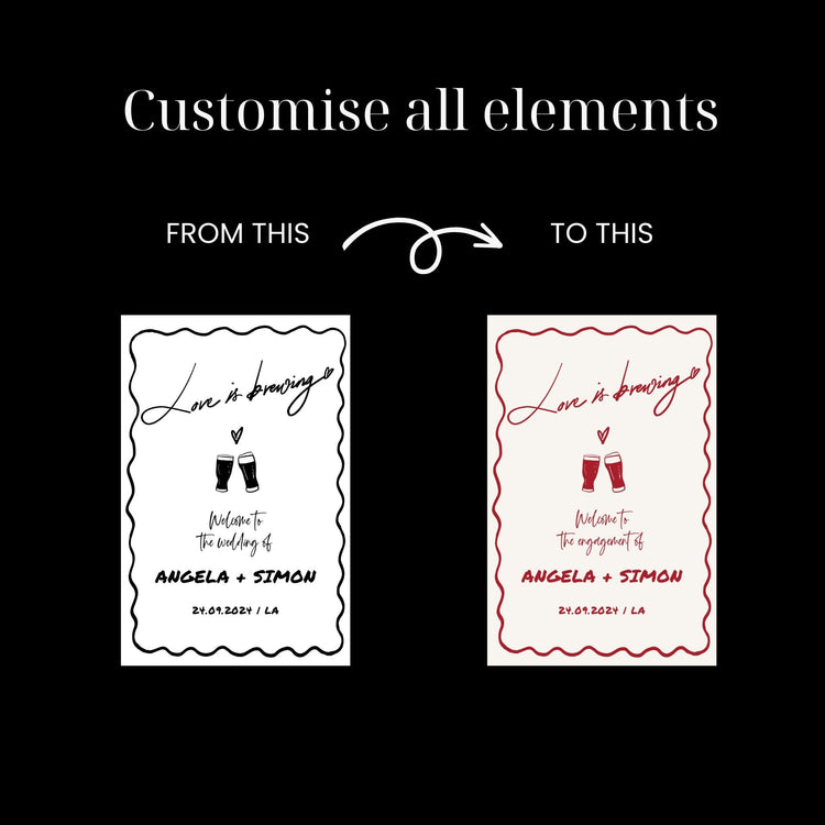 love is brewing wedding welcome sign, brewery hand drawn rehearsal welcome sign template editable template, change colors and text