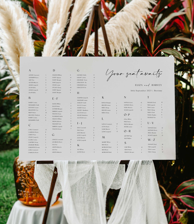 Modern Alphabetical Horizontal Wedding Seating Chart Sign Digital Template