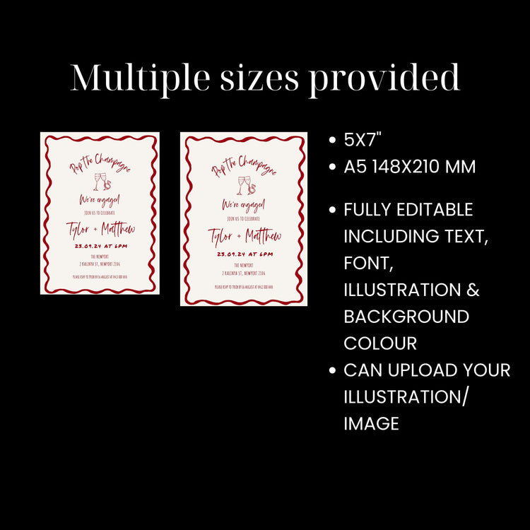 red scalloped Hand drawn Champagne Engagement/ Rehearsal Dinner Invitation Template