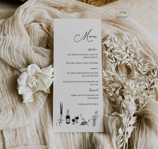 Whimsical Hand drawn vintage glam Wedding Menu Card Template