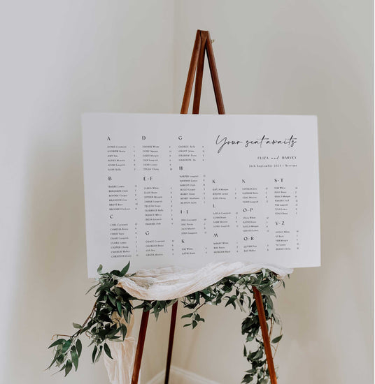 modern script minimal Alphabetical Horizontal Wedding Seating Chart Sign Digital Template