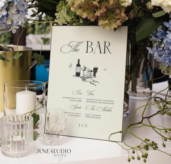 wedding bar menu illustrated sign template, digital template, old money aesthetic wedding, hand drawn bar drinks, signature drink wedding bar menu, modern luxe open bar sign
