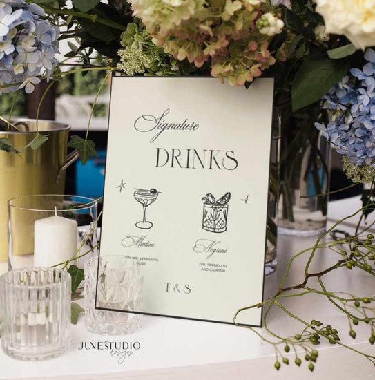 old money classic Wedding_Signature_Cocktails_with hand drawn illustrations Signage digital template_june_studio_designs