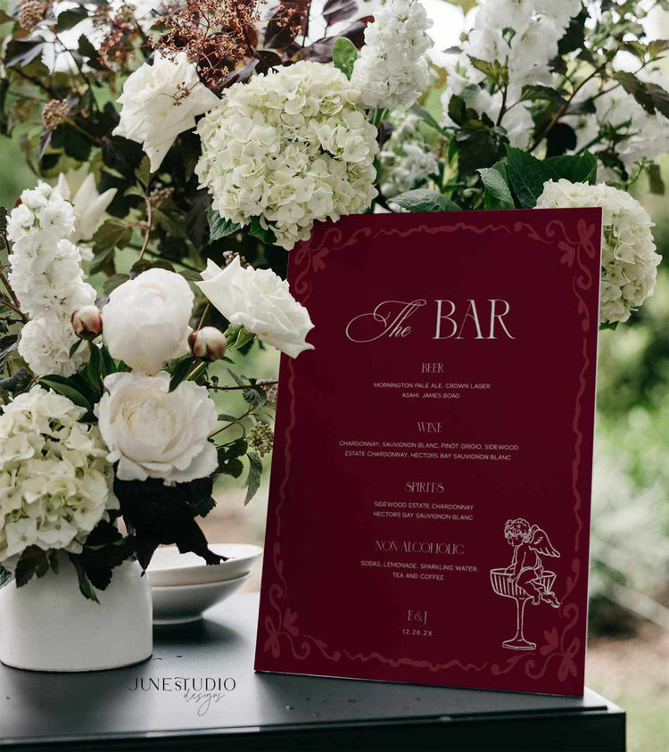 Burgundy Wedding Bar Menu Illustrated Sign Template