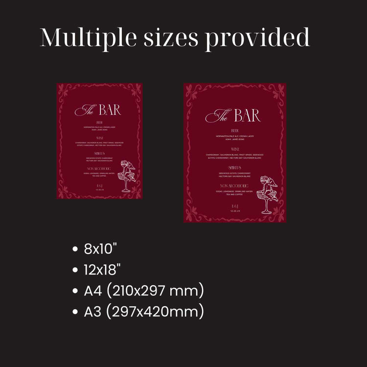 Burgundy Wedding Bar Menu Illustrated Sign Template