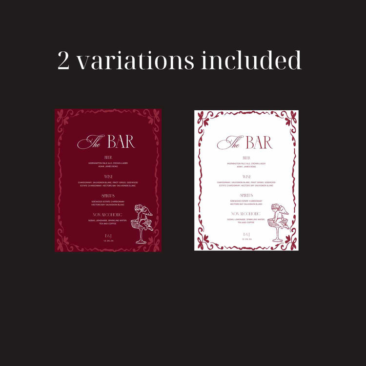 Burgundy Wedding Bar Menu Illustrated Sign Template