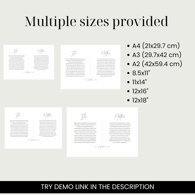 customizable horizontal minimalist vows wall art digital templates features dainty script and classic serif font. This template comes in multiple sizes