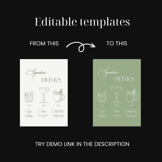 sage green chic wedding signature cocktails sign with line sketches Corjl_Templates_June_studio_designs