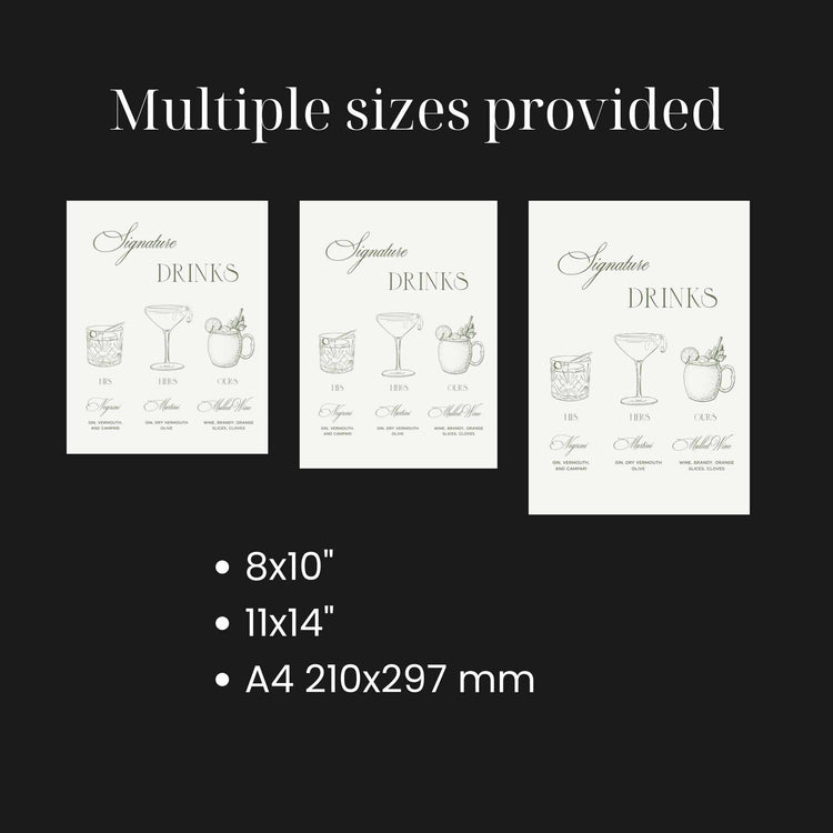 sage green chic wedding signature cocktails sign with line sketches Corjl_Templates_June_studio_designs