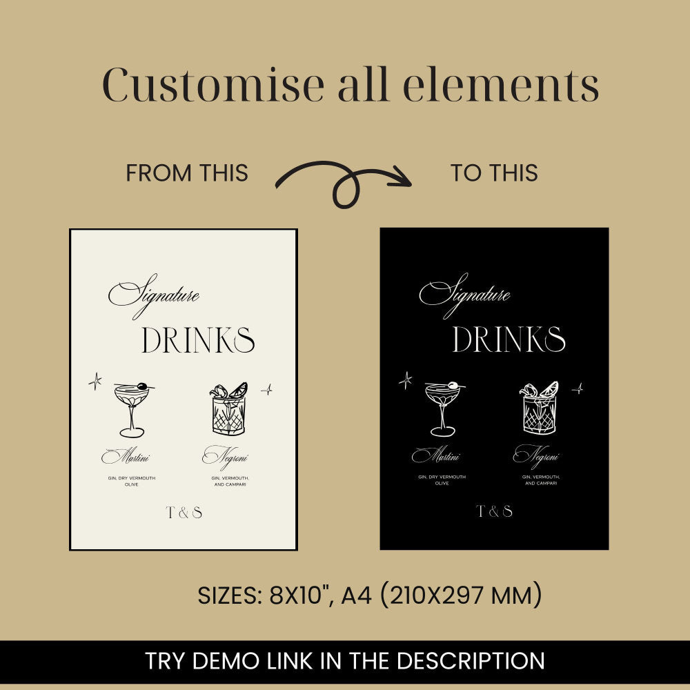 old money classic Wedding_Signature_Cocktails_with hand drawn illustrations Signage digital template_june_studio_designs. This template is fully customizable. Change text, font, colors for text and illustrations as well as sign's color