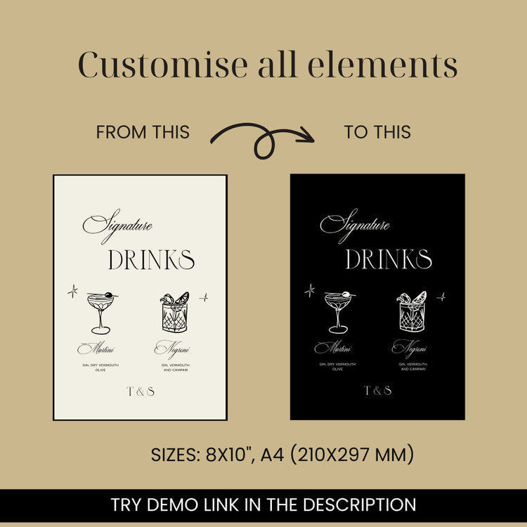 old money classic Wedding_Signature_Cocktails_with hand drawn illustrations Signage digital template_june_studio_designs. This template is fully customizable. Change text, font, colors for text and illustrations as well as sign's color