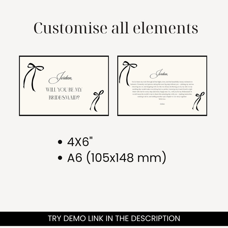Old Money modern vintage bow Bridesmaid Proposal Cards digital templates