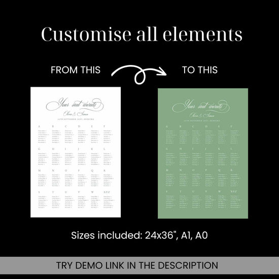 Vintage Green Timeless Alphabetical Wedding Seating Chart Sign Template comes in multiple sizes
