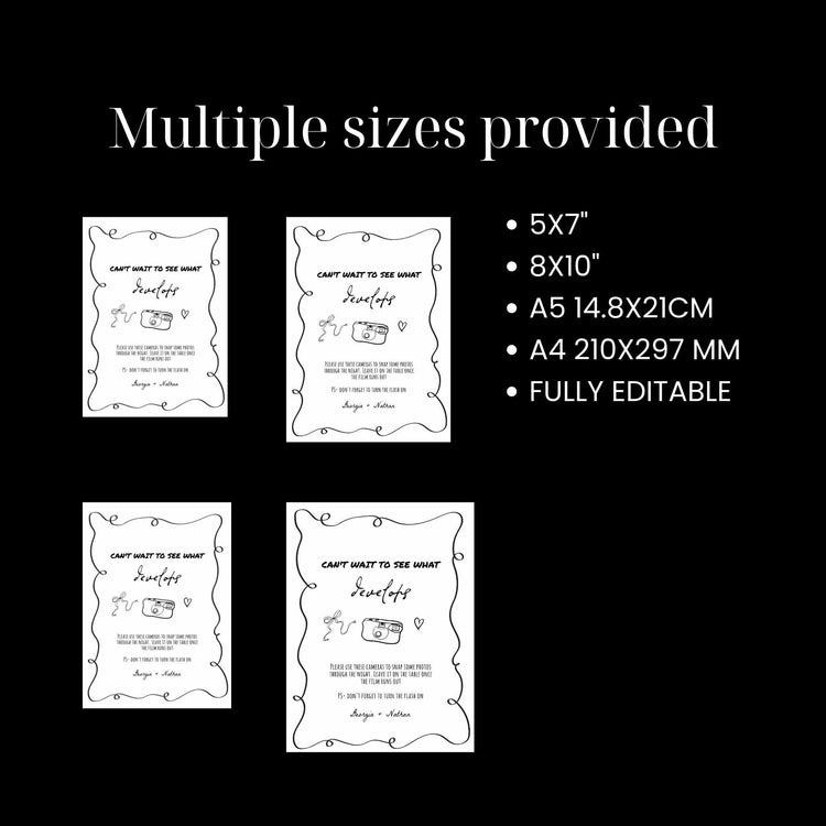 customizable hand drawn disposable camera wedding sign digital template with cute hand drawn camera illustration and bow comes in multiple sizes