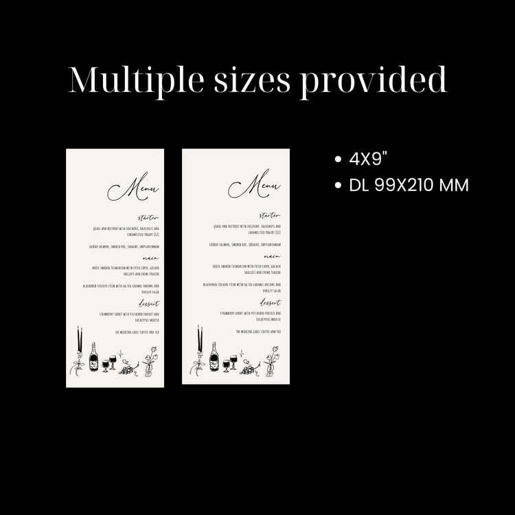 Whimsical Hand drawn vintage glam Wedding Long Menu Card printable Template