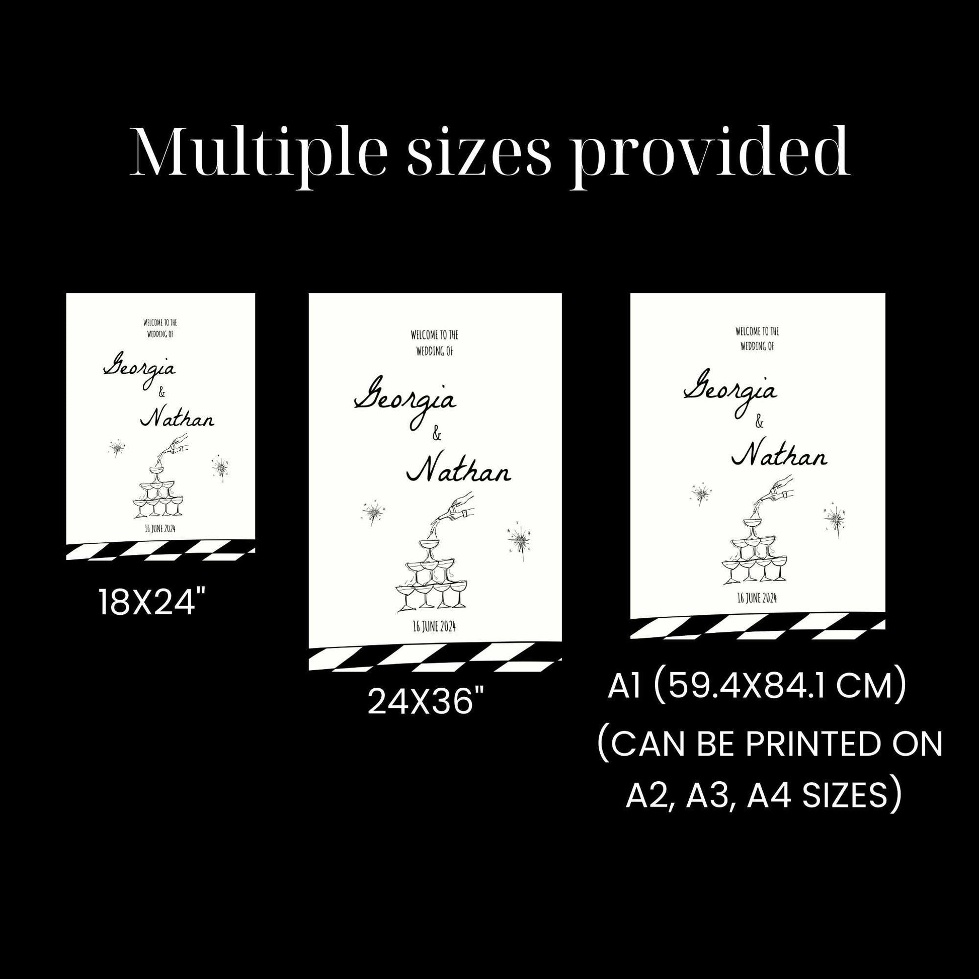 whimsical Hand-written Champagne Tower Wedding Welcome Sign digital Template comes in multiple sizes