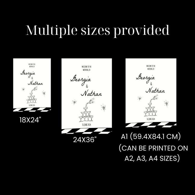 whimsical Hand-written Champagne Tower Wedding Welcome Sign digital Template comes in multiple sizes