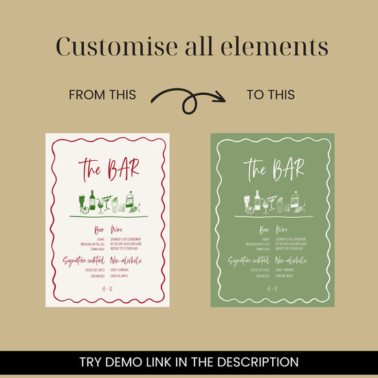 customizable Wavy Hand drawn wedding Bar Menu Signage digital template comes in multiple sizes